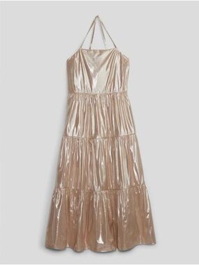Metallic Champagne Tiered Spaghetti-Strap Maxi Dress